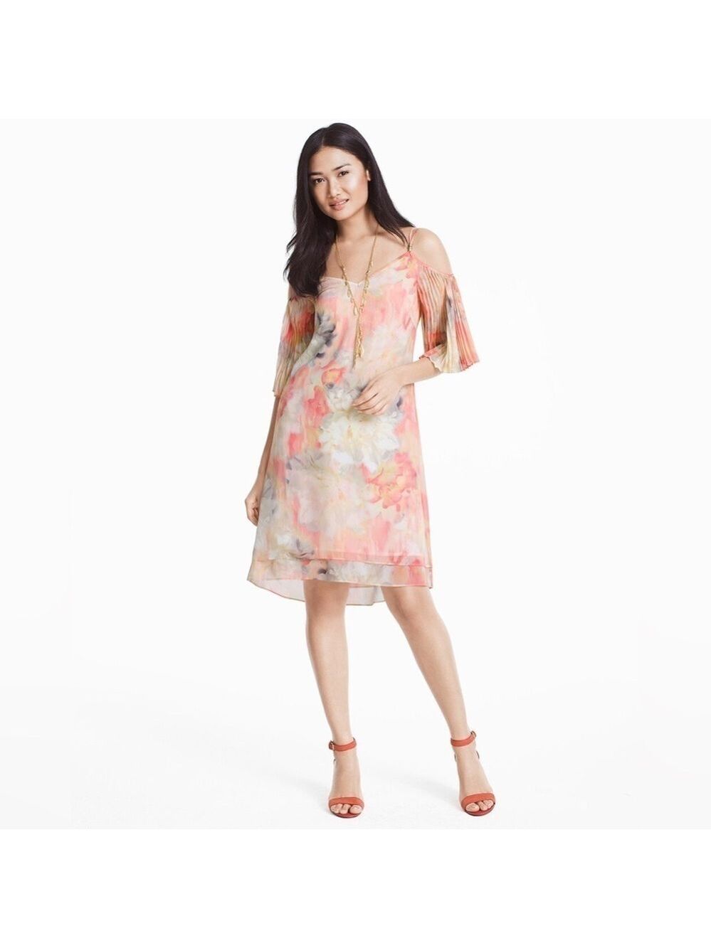 White House Black Market Cold Shoulder Pleat Sleeve Watercolor Dress Sz 2 NWT